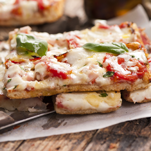 garlic, olive oil, mozzarella, roasted roma tomatoes, basil